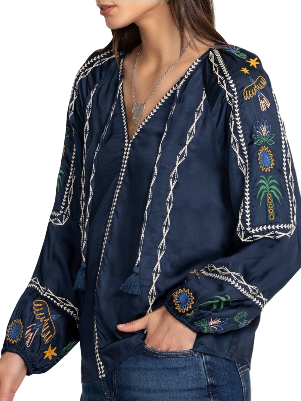 Johnny Was Jade Women’s Size S Navy Embroidered Peasant Blouse with Tassels